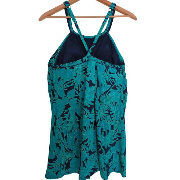 Lands End Swimsuit 16 Green Navy Blue Floral Swim Dress One Piece Padded Brief - Picture 2 of 7